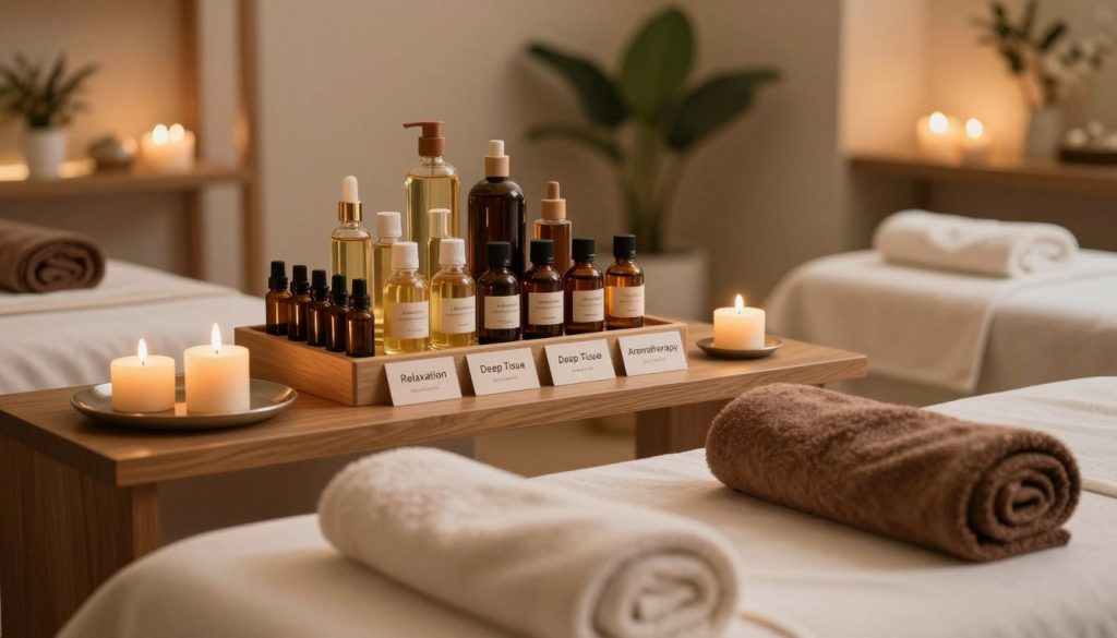 A serene and inviting spa environment showcasing various massage therapy packages available in Istanbul. In the foreground, display an elegant treatment table adorned with soft towels and aromatic candles. In the middle ground, a beautifully arranged display of massage oils and essential oils, highlighting the different types available, includes labels like 'Relaxation', 'Deep Tissue', and 'Aromatherapy'. The background features a softly lit spa room with calming colors, natural wood elements, and plants, enhancing the tranquility. The scene is illuminated by warm, diffused lighting that creates a peaceful atmosphere. The angle focuses on a slightly elevated perspective, capturing the inviting essence of a luxurious massage experience. The overall mood conveys relaxation and wellness, perfect for illustrating massage package options.