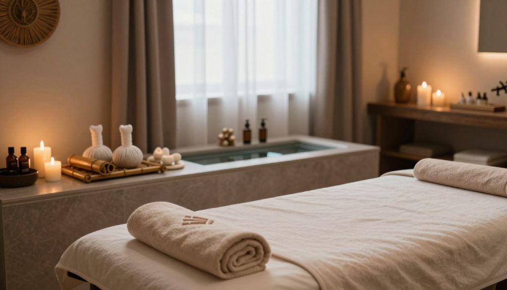 A serene and inviting spa setting in Istanbul, showcasing a cozy massage room with soft lighting and calming decor. The foreground features a neatly prepared massage table adorned with fresh towels and essential oils, while a tranquil water feature adds to the soothing ambiance. In the middle, a variety of massage equipment is strategically placed, highlighting affordable options like bamboo sticks and herbal compresses. The background reveals a window with sheer curtains allowing gentle natural light to filter in, enhancing the overall peaceful atmosphere. The color palette should consist of warm earth tones, evoking a sense of relaxation and comfort. The scene conveys an accessible and welcoming atmosphere, countering the misconception that massage services are only for the wealthy.