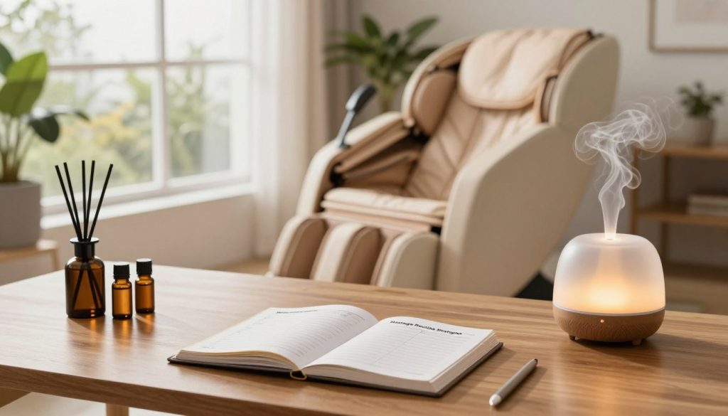 A serene and organized workspace designed for hybrid employees, featuring a massage routine planning setup. In the foreground, a sleek wooden desk with a planner opened to a page dedicated to “Massage Routine Strategies,” surrounded by essential oils and a calming essential oil diffuser emitting soft wisps of vapor. The middle layer showcases a comfortable massage chair with soft, inviting fabrics, positioned near a large window that allows warm, natural light to flood the room, creating a tranquil ambiance. The background displays lush indoor plants that add a touch of greenery and promote relaxation. The overall mood is peaceful and professionally inviting, designed to inspire a sense of well-being and balance in a modern work environment.