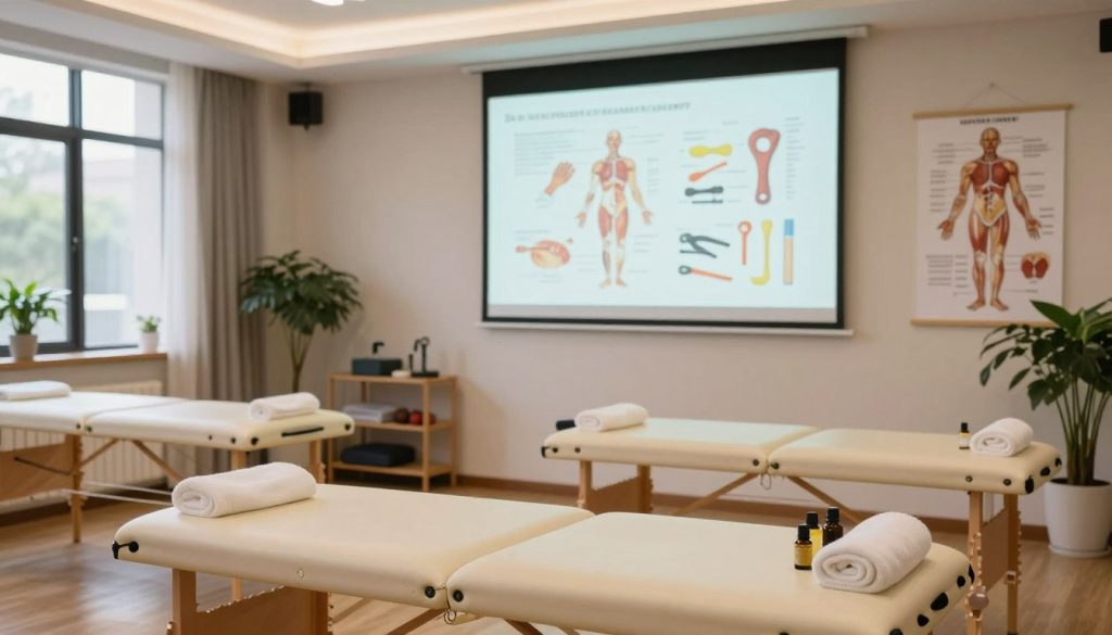 A serene and professional massage therapy training environment, featuring a spacious, well-lit classroom filled with anatomy charts and massage therapy tools. In the foreground, a neatly arranged massage table, with essential oils and towels on the side. The middle ground showcases a projector displaying detailed anatomy diagrams related to massage techniques and various massage tools laid out for practical demonstrations. The background features large windows letting in natural light, with potted plants to evoke a calming atmosphere. Soft, ambient lighting enhances the feeling of tranquility and professionalism. The overall mood is educational and inviting, designed to inspire confidence in the massage therapy training process. A serene and professional massage therapy training environment, featuring a spacious, well-lit classroom filled with anatomy charts and massage therapy tools. In the foreground, a neatly arranged massage table, with essential oils and towels on the side. The middle ground showcases a projector displaying detailed anatomy diagrams related to massage techniques and various massage tools laid out for practical demonstrations. The background features large windows letting in natural light, with potted plants to evoke a calming atmosphere. Soft, ambient lighting enhances the feeling of tranquility and professionalism. The overall mood is educational and inviting, designed to inspire confidence in the massage therapy training process.