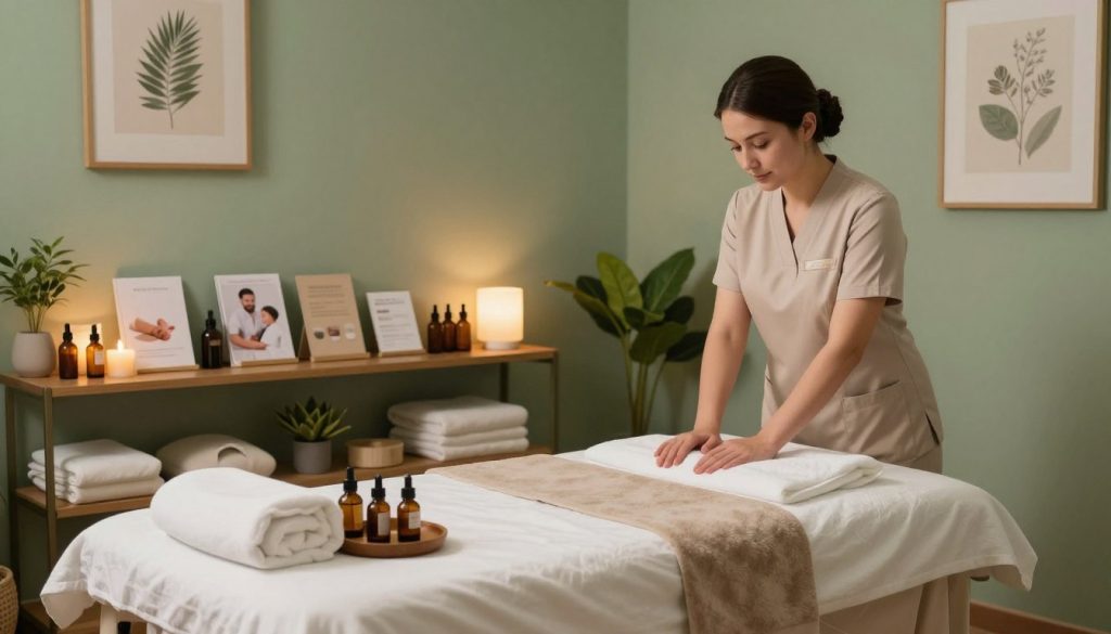 A serene and professional spa environment, showcasing a well-organized massage therapy room. In the foreground, a cozy massage table neatly arranged with fresh, clean linens and tranquil aromatherapy products. In the middle ground, shelves displaying various massage oil bottles, brochures about different massage techniques, and a soft ambient light creating a relaxing atmosphere. The background features calming artwork on the walls, plants for a touch of nature, and soft diffused lighting to enhance the tranquility. A color palette of soothing greens and earth tones adds to the calming mood, evoking a sense of relaxation and professionalism. Overall, the image captures the essence of careful selection processes and quality control in massage therapy, providing a clear visual representation of making informed choices.
