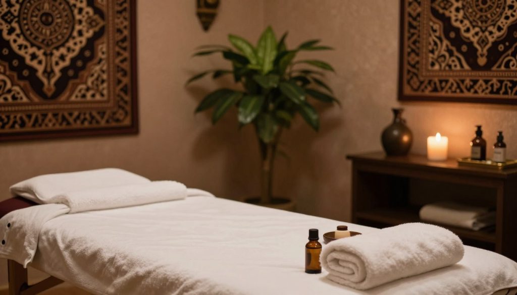 A serene and tranquil massage therapy room in Istanbul, featuring soft, ambient lighting that creates a calm atmosphere. The foreground showcases a neatly arranged massage table with fluffy white towels, aromatic oils, and a soft candle glowing gently. In the middle, an elegant indoor plant adds a touch of greenery, enhancing the soothing environment. The background captures glimpses of ornate Turkish decor, such as intricate patterns and warm, earthy colors on the walls, providing a cultural touch. The overall mood is one of relaxation and luxury, inviting viewers to imagine the serenity of receiving a professional massage therapy service at home in Istanbul, emphasizing the comfort and advantages of such personalized care. A serene and tranquil massage therapy room in Istanbul, featuring soft, ambient lighting that creates a calm atmosphere. The foreground showcases a neatly arranged massage table with fluffy white towels, aromatic oils, and a soft candle glowing gently. In the middle, an elegant indoor plant adds a touch of greenery, enhancing the soothing environment. The background captures glimpses of ornate Turkish decor, such as intricate patterns and warm, earthy colors on the walls, providing a cultural touch. The overall mood is one of relaxation and luxury, inviting viewers to imagine the serenity of receiving a professional massage therapy service at home in Istanbul, emphasizing the comfort and advantages of such personalized care.