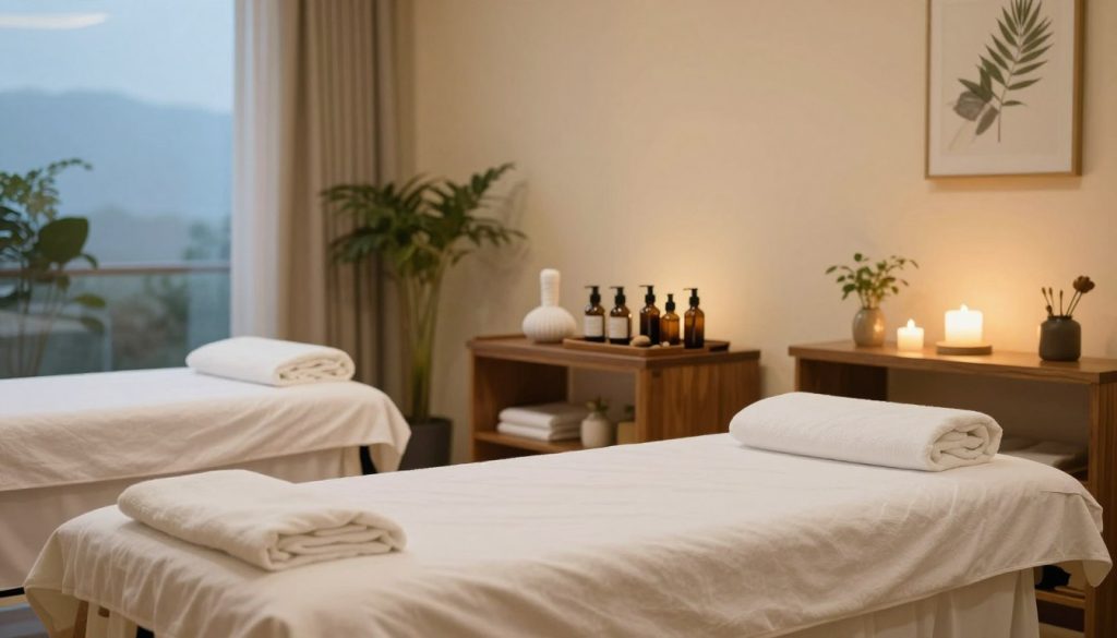 A serene and welcoming massage salon environment, illustrating high hygiene standards and safety protocols. In the foreground, a neatly arranged massage table with fresh, clean linens, surrounded by soft, soothing decor. The middle ground features a central focal point of neatly organized massage tools and essential oils, all placed on a polished wooden shelf. The background showcases tranquil colors with softly lit warm lights, creating a calming atmosphere. The room is filled with plants and calming artwork that promote relaxation. A clear, blue sky is subtly visible through a large window, enhancing the peaceful vibe. The overall mood is serene and professional, emphasizing trust and cleanliness in a wellness space.