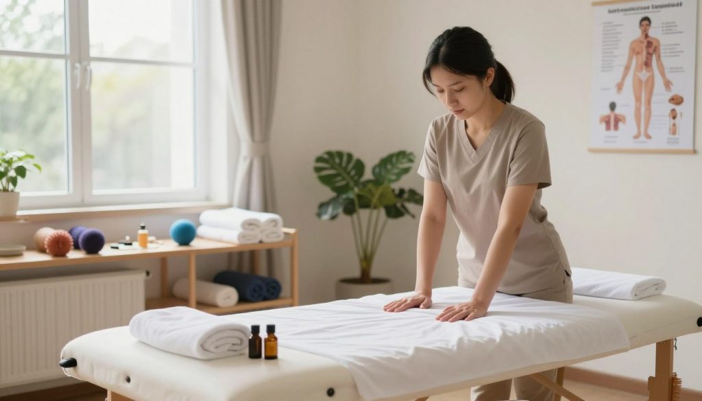 A serene clinical setting for hands-on massage therapy training, showcasing a well-lit room with soft natural light filtering through large windows. In the foreground, a massage table is neatly arranged, complete with fresh white linens and essential oils. In the middle ground, there are practical tools like massage balls and towels organized on a shelf. The background features a calming wall color, plants for a touch of nature, and instructional charts related to anatomy and techniques displayed on the walls. The overall mood is focused and peaceful, conveying a professional learning environment that emphasizes practical education and internship experiences in massage therapy. A serene clinical setting for hands-on massage therapy training, showcasing a well-lit room with soft natural light filtering through large windows. In the foreground, a massage table is neatly arranged, complete with fresh white linens and essential oils. In the middle ground, there are practical tools like massage balls and towels organized on a shelf. The background features a calming wall color, plants for a touch of nature, and instructional charts related to anatomy and techniques displayed on the walls. The overall mood is focused and peaceful, conveying a professional learning environment that emphasizes practical education and internship experiences in massage therapy.
