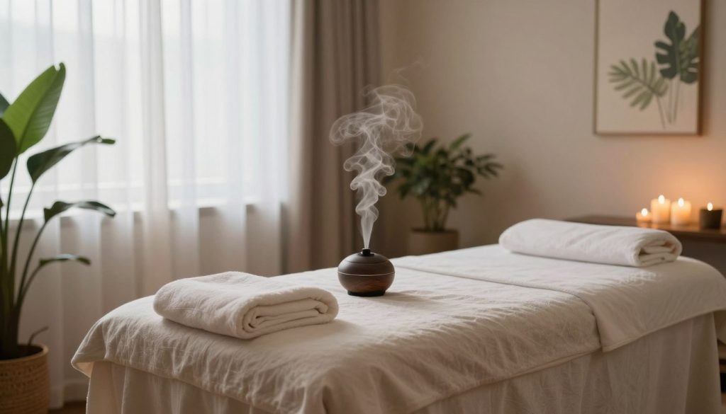 A serene massage therapy room, designed for relaxation and tranquility. The foreground features a plush massage table draped with soft, neutral-colored linens, inviting and comfortable. In the middle, a calming scent diffuser emits gentle wisps of aromatic steam, surrounded by candles casting a warm, soft glow. The walls are adorned with soothing nature-inspired artwork, enhancing the peaceful ambiance. The background showcases large windows with sheer curtains that allow natural light to filter in, illuminating the space. Gentle greenery, such as potted plants, adds a touch of nature. The overall atmosphere exudes calm and serenity, ideal for a rejuvenating massage experience, with a focus on comfort and peacefulness.
