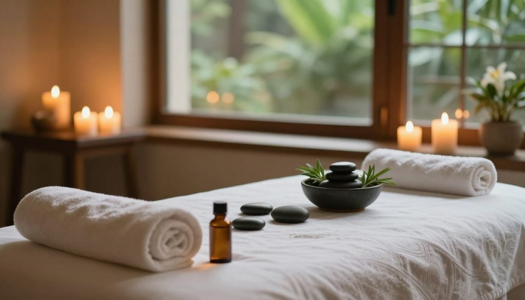 A serene spa environment showcasing various elements of health massage benefits. In the foreground, a neatly arranged massage table with soft towels and calming essential oils, inviting tranquility. In the middle, soothing Zen stones and a bowl of fresh herbs symbolize relaxation and healing. In the background, soft glowing candles surround the space, casting a warm, gentle light that enhances the serene atmosphere. A large window reveals lush greenery outside, suggesting a connection to nature. The overall mood conveys peace and wellness, ideal for illustrating the health benefits of massage therapy without featuring any human subjects. The composition focuses on harmony, serenity, and the therapeutic aspects of massage, emphasizing a holistic approach to health and wellness.
