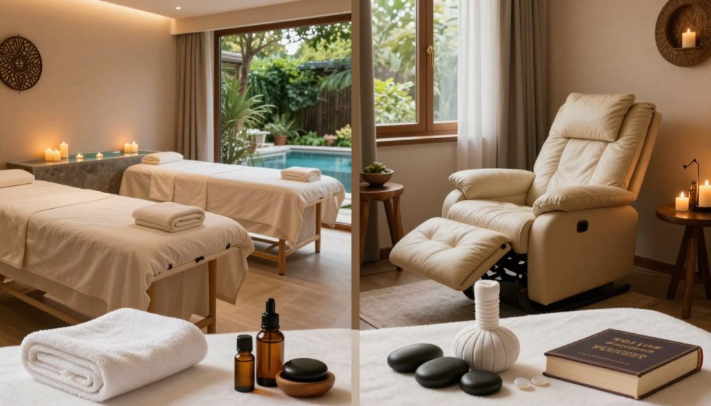 A serene spa setting in Istanbul showcasing two contrasting areas: the luxurious spa environment on the left with soft ambient lighting, plush massage tables, and a tranquil water feature adorned with candles, exuding a calming atmosphere. On the right, a cozy private therapy room featuring a comfortable reclining chair, soft natural lighting filtering through a window, and wooden elements. In the foreground, a tasteful side-by-side comparison of spa treatments and private therapeutic tools, such as essential oils, massage stones, and therapy books. The background should depict a lush green garden view, enhancing the relaxation theme. The overall mood is peaceful and inviting, creating an ideal atmosphere for decision-making and reflection.