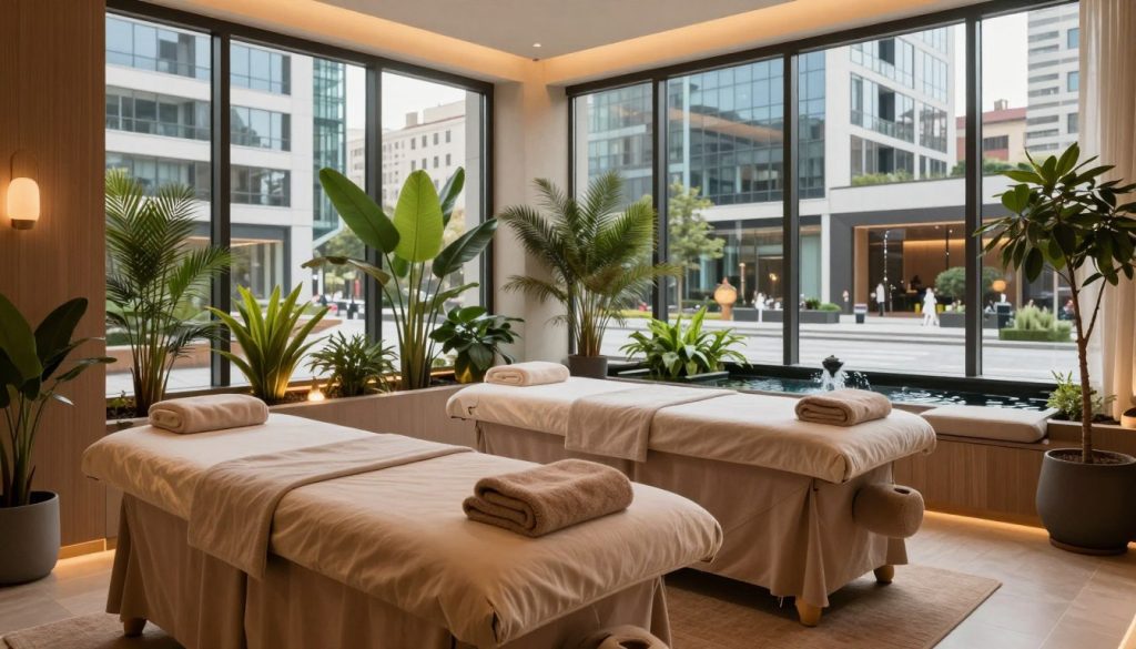 A serene wellness center located near a modern plaza in Şişli, Istanbul. The foreground features a tranquil massage room with soft, ambient lighting, warm earth tones, and plush massage tables adorned with fluffy towels. In the middle ground, large windows allow natural light to pour in, showcasing lush green plants and calming water features that evoke a sense of relaxation. The backdrop displays the sleek architecture of nearby office buildings, hinting at the city’s bustling business life, but maintaining a peaceful atmosphere. The scene captures the essence of a perfect escape from the corporate world, inspiring feelings of tranquility and rejuvenation in this vibrant neighborhood. A serene wellness center located near a modern plaza in Şişli, Istanbul. The foreground features a tranquil massage room with soft, ambient lighting, warm earth tones, and plush massage tables adorned with fluffy towels. In the middle ground, large windows allow natural light to pour in, showcasing lush green plants and calming water features that evoke a sense of relaxation. The backdrop displays the sleek architecture of nearby office buildings, hinting at the city’s bustling business life, but maintaining a peaceful atmosphere. The scene captures the essence of a perfect escape from the corporate world, inspiring feelings of tranquility and rejuvenation in this vibrant neighborhood.