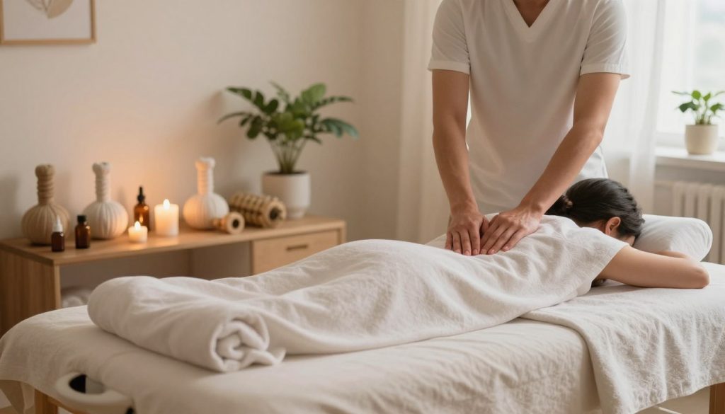 A serene wellness setting showcasing the techniques of Swedish massage and deep tissue massage. In the foreground, an elegant massage table draped with soft, neutral linens, surrounded by essential oils and calming candles. The middle ground features an array of massage tools, such as massage balls and rollers, artistically arranged. In the background, a soothing room with soft, diffused lighting creating a tranquil atmosphere, complemented by gentle greenery and minimalistic decor. The overall mood should evoke relaxation and professionalism, encapsulating the essence of massage therapy tailored for office workers in Istanbul. The composition should focus on the techniques rather than any human subjects, emphasizing the ambiance of a rejuvenating massage environment.