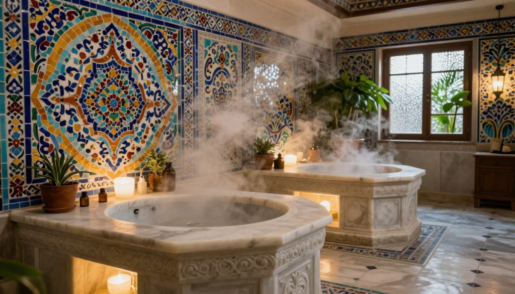 A traditional Turkish bath (hamam) interior showcasing an intricate mosaic tile design featuring vibrant colors and ornate patterns. The foreground presents elegant marble basins with intricate carvings, alongside therapeutic herbs and essential oils arranged thoughtfully. In the middle ground, beautifully lit steam wafts gently, creating a serene atmosphere. The ambient lighting is warm and soft, filtering through frosted glass windows, adding a mystical glow to the space. The background reveals lush greenery visible through the windows, enhancing the calming vibe. The overall mood is tranquil and inviting, perfect for relaxation and cultural immersion, emphasizing the essence of a traditional Turkish bath experience.