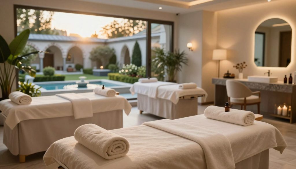 A tranquil and luxurious İstanbul spa center interior, showcasing various wellness services. In the foreground, a calming massage table is adorned with soft, fluffy towels and soothing essential oils. In the middle, several treatment rooms are visible, each featuring serene decor, soft ambient lighting, and minimalist furnishings that evoke a peaceful atmosphere. The background reveals a large window with a view of an ornate Turkish garden, bathed in the soft glow of golden hour sunlight. Gentle water features add to the soothing ambiance, while strategically placed plants introduce a touch of nature. The overall mood is serene and inviting, perfect for relaxation and rejuvenation. High-resolution, wide-angle shot with soft focus on the background for depth.