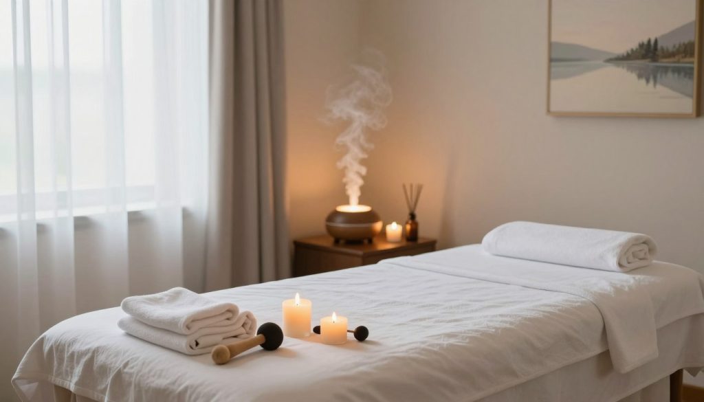 A tranquil massage therapy setting, showcasing a well-prepared massage room. In the foreground, a massage table dressed with clean, soft linens and ambient scented candles, organized neatly alongside an array of professional massage tools. In the middle ground, an essential oil diffuser emits a gentle mist, casting a warm glow throughout the room, accentuated by soft, natural lighting from a nearby window draped with sheer curtains. The background features calming, neutral-colored walls adorned with soothing art, perhaps depicting serene landscapes, creating an inviting and peaceful atmosphere. Overall, the mood conveys relaxation and professionalism, perfect for maximizing the benefits of a massage session. A tranquil massage therapy setting, showcasing a well-prepared massage room. In the foreground, a massage table dressed with clean, soft linens and ambient scented candles, organized neatly alongside an array of professional massage tools. In the middle ground, an essential oil diffuser emits a gentle mist, casting a warm glow throughout the room, accentuated by soft, natural lighting from a nearby window draped with sheer curtains. The background features calming, neutral-colored walls adorned with soothing art, perhaps depicting serene landscapes, creating an inviting and peaceful atmosphere. Overall, the mood conveys relaxation and professionalism, perfect for maximizing the benefits of a massage session.