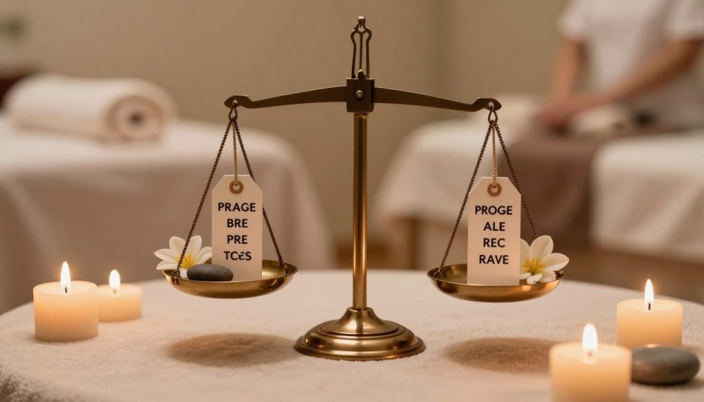 A visually striking image depicting a balance scale resting on a soft spa-themed backdrop, symbolizing the relationship between massage prices and quality. The scale is delicately adorned with calming elements like stones, candles, and flowers on one side, and price tags on the other, representing the tension between affordability and excellence in massage services. The foreground features a serene ambiance with warm candlelight and soft shadows cast by the flickering flames. In the background, subtle hints of a tranquil massage room, blurred to maintain focus on the scale, evoke a sense of relaxation and professionalism. The overall atmosphere is soothing and introspective, emphasizing the critical decision-making process in choosing massage services based on quality rather than just price. Soft, warm lighting enhances the inviting feel of the scene.