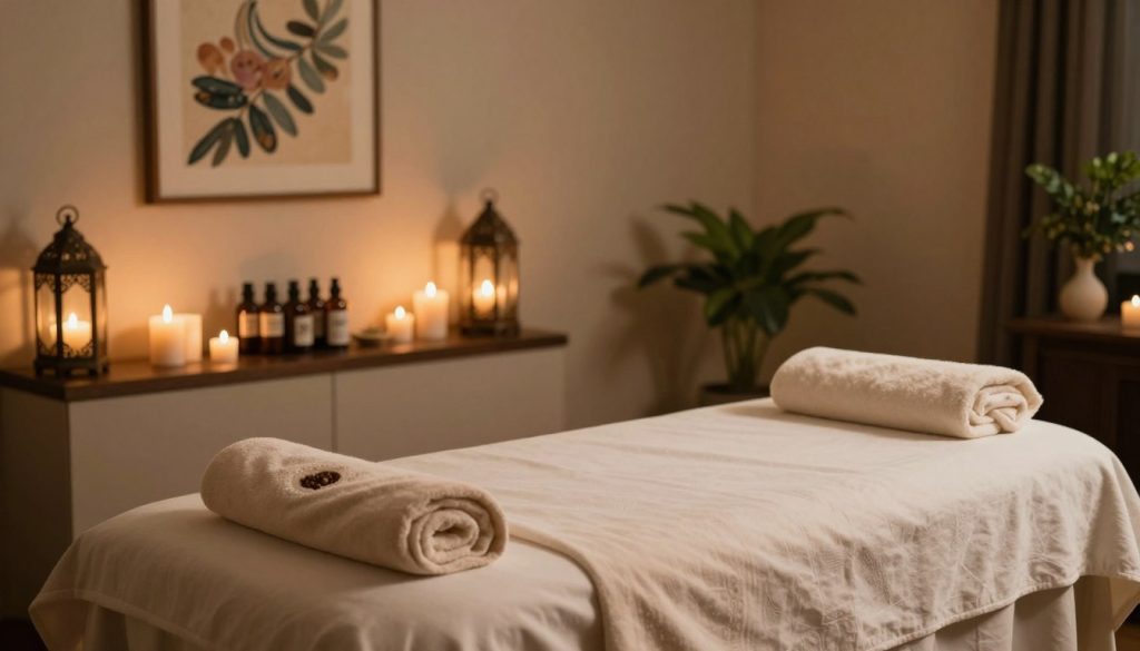 A serene and inviting massage room in a luxurious Turkish spa, showcasing an elegant massage table adorned with soft linens and plush towels. The foreground features a delicate assortment of essential oils and candles, creating a soothing ambiance. In the middle, a wall displaying calming artwork and a shelf lined with wellness products complements the atmosphere. The background reveals softly lit lanterns casting gentle shadows, with hints of lush green plants to evoke a sense of tranquility. Warm, soft lighting creates a peaceful mood, enhancing the feeling of relaxation, while the angle is slightly elevated to capture the entire scene and highlight the calming elements. The overall composition invites viewers to reflect on the key considerations for choosing a massage in Istanbul.