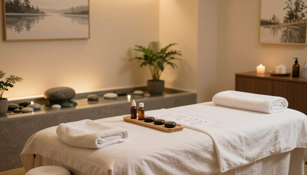 A serene and inviting massage therapy room, featuring a professionally arranged massage table draped with soft, clean linens. In the foreground, various medical massage tools are elegantly displayed, such as essential oils, hot stones, and a reflexology chart. The middle ground showcases a tranquil water feature with smooth pebbles, promoting relaxation, complemented by calming houseplants. The background features warm, ambient lighting emanating from soft, recessed fixtures and gentle wall art depicting peaceful nature scenes. The overall atmosphere is peaceful and soothing, emphasizing the therapeutic nature of medical massage. The image should focus on the environment, evoking a sense of healing and tranquility without any human presence or text elements. A serene and inviting massage therapy room, featuring a professionally arranged massage table draped with soft, clean linens. In the foreground, various medical massage tools are elegantly displayed, such as essential oils, hot stones, and a reflexology chart. The middle ground showcases a tranquil water feature with smooth pebbles, promoting relaxation, complemented by calming houseplants. The background features warm, ambient lighting emanating from soft, recessed fixtures and gentle wall art depicting peaceful nature scenes. The overall atmosphere is peaceful and soothing, emphasizing the therapeutic nature of medical massage. The image should focus on the environment, evoking a sense of healing and tranquility without any human presence or text elements.