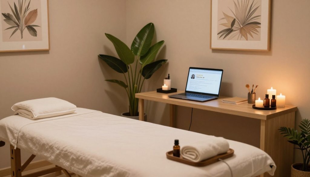 A serene and inviting massage therapy room in Ataşehir, showcasing a well-organized space with calming colors. In the foreground, a neatly arranged massage table with soft linens, surrounded by essential oils and calming candles. In the middle, a consultant's desk equipped with a laptop displaying customer reviews and star ratings, symbolizing trust and client satisfaction. The background features soothing artwork, leafy plants, and soft ambient lighting that creates a tranquil atmosphere. The angle is slightly elevated, capturing the entirety of the room, emphasizing professionalism and comfort. The mood is peaceful and welcoming, designed to evoke a sense of relaxation and trustworthiness, suitable for discerning clients seeking quality massage services. A serene and inviting massage therapy room in Ataşehir, showcasing a well-organized space with calming colors. In the foreground, a neatly arranged massage table with soft linens, surrounded by essential oils and calming candles. In the middle, a consultant's desk equipped with a laptop displaying customer reviews and star ratings, symbolizing trust and client satisfaction. The background features soothing artwork, leafy plants, and soft ambient lighting that creates a tranquil atmosphere. The angle is slightly elevated, capturing the entirety of the room, emphasizing professionalism and comfort. The mood is peaceful and welcoming, designed to evoke a sense of relaxation and trustworthiness, suitable for discerning clients seeking quality massage services.