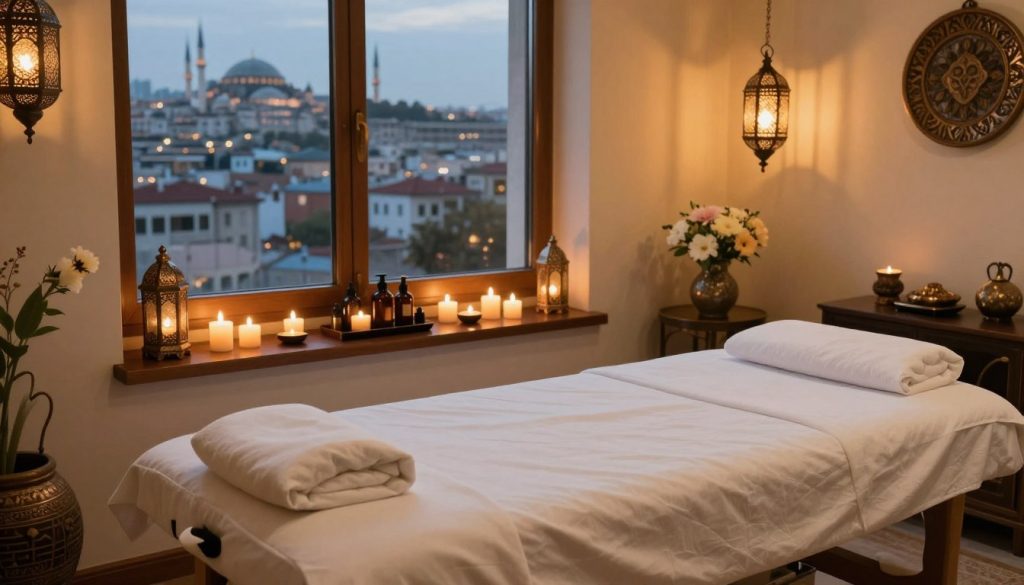 A serene and inviting massage therapy room in Istanbul, beautifully decorated with traditional Turkish elements. In the foreground, a plush massage table adorned with soft, white linens. The middle ground features a unique array of massage oils and candles, exuding a calming ambiance. In the background, a large window reveals a glimpse of the iconic Istanbul skyline at dusk, with softly lit historic buildings. The room is warmly illuminated by gentle, ambient lighting, creating a tranquil atmosphere. Decorative items include ornate lanterns and fresh flowers, enhancing the sense of peace and relaxation. The overall mood is soothing and luxurious, ideal for showcasing the best recommended massage types in Istanbul.