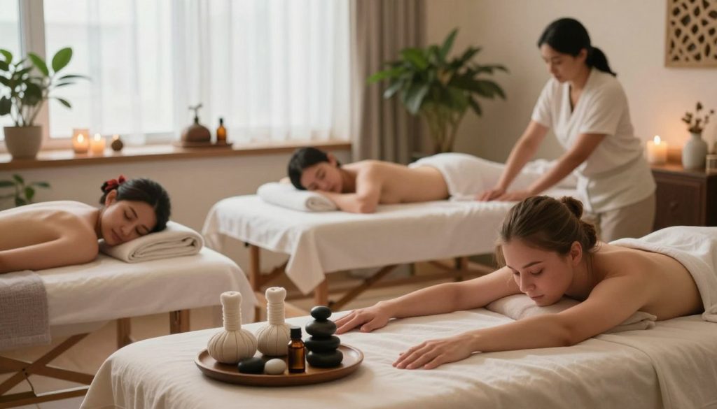 A serene and inviting massage therapy setting in Istanbul, featuring three distinct massage types like traditional Turkish bath therapy, deep tissue massage, and aromatherapy. In the foreground, elegant massage tools such as essential oils and stones are artistically arranged. The middle ground showcases a comfortable massage table adorned with soft linens, surrounded by beautiful, calming decor, including scented candles and lush plants. The background presents a lightly illuminated room with large windows allowing soft natural light to filter in, enhancing the tranquil atmosphere. The overall mood is peaceful and rejuvenating, designed to evoke feelings of relaxation and wellness, with warm, soothing colors and gentle shadows. This composition highlights the popular massage services available in Istanbul's home environments. A serene and inviting massage therapy setting in Istanbul, featuring three distinct massage types like traditional Turkish bath therapy, deep tissue massage, and aromatherapy. In the foreground, elegant massage tools such as essential oils and stones are artistically arranged. The middle ground showcases a comfortable massage table adorned with soft linens, surrounded by beautiful, calming decor, including scented candles and lush plants. The background presents a lightly illuminated room with large windows allowing soft natural light to filter in, enhancing the tranquil atmosphere. The overall mood is peaceful and rejuvenating, designed to evoke feelings of relaxation and wellness, with warm, soothing colors and gentle shadows. This composition highlights the popular massage services available in Istanbul's home environments.