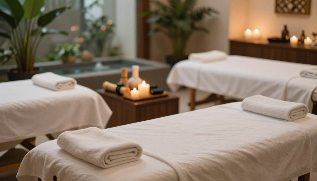 A serene and inviting spa environment featuring various massage therapy options available in Beşiktaş. In the foreground, showcase neatly arranged massage tables adorned with soft, clean linens and essential oils. In the middle ground, display a selection of massage tools such as bamboo sticks, hot stones, and aromatic candles, enhancing the holistic atmosphere. The background should depict a tranquil spa setting with calming green plants, a water feature, and gentle ambient lighting creating a relaxing ambiance. The scene should evoke a sense of peace and well-being, inviting viewers to explore the diverse massage types offered. Use soft-focused photography with warm lighting to enhance the soothing effect, capturing the essence of relaxation and professional service without any presence of humans or text. A serene and inviting spa environment featuring various massage therapy options available in Beşiktaş. In the foreground, showcase neatly arranged massage tables adorned with soft, clean linens and essential oils. In the middle ground, display a selection of massage tools such as bamboo sticks, hot stones, and aromatic candles, enhancing the holistic atmosphere. The background should depict a tranquil spa setting with calming green plants, a water feature, and gentle ambient lighting creating a relaxing ambiance. The scene should evoke a sense of peace and well-being, inviting viewers to explore the diverse massage types offered. Use soft-focused photography with warm lighting to enhance the soothing effect, capturing the essence of relaxation and professional service without any presence of humans or text.