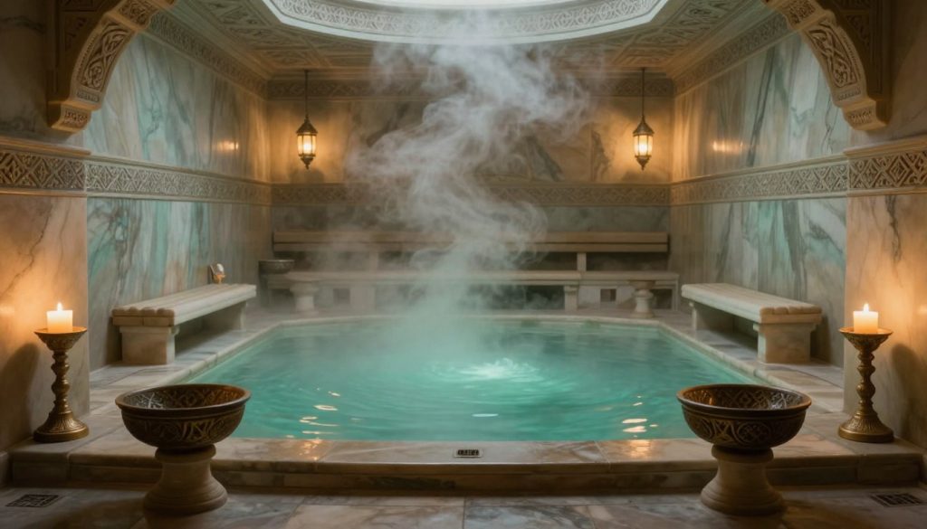 A serene and peaceful interior of a traditional Turkish hamam, showcasing intricately designed marble walls and a beautiful central steam room filled with soft, swirling steam. The foreground features ornate basins and elegant candle holders casting warm, soft yellow light throughout the space. In the middle, a stone heated platform invites relaxation, surrounded by soothing colors of soft greens and blues. The background reveals softly glowing lanterns hanging from the ceiling that enhance the ambiance. The overall mood is tranquil and inviting, perfectly capturing the essence of rejuvenation through traditional sauna and hamam experiences. Soft, diffused lighting enhances the calming atmosphere without human presence or distractions. A serene and peaceful interior of a traditional Turkish hamam, showcasing intricately designed marble walls and a beautiful central steam room filled with soft, swirling steam. The foreground features ornate basins and elegant candle holders casting warm, soft yellow light throughout the space. In the middle, a stone heated platform invites relaxation, surrounded by soothing colors of soft greens and blues. The background reveals softly glowing lanterns hanging from the ceiling that enhance the ambiance. The overall mood is tranquil and inviting, perfectly capturing the essence of rejuvenation through traditional sauna and hamam experiences. Soft, diffused lighting enhances the calming atmosphere without human presence or distractions.