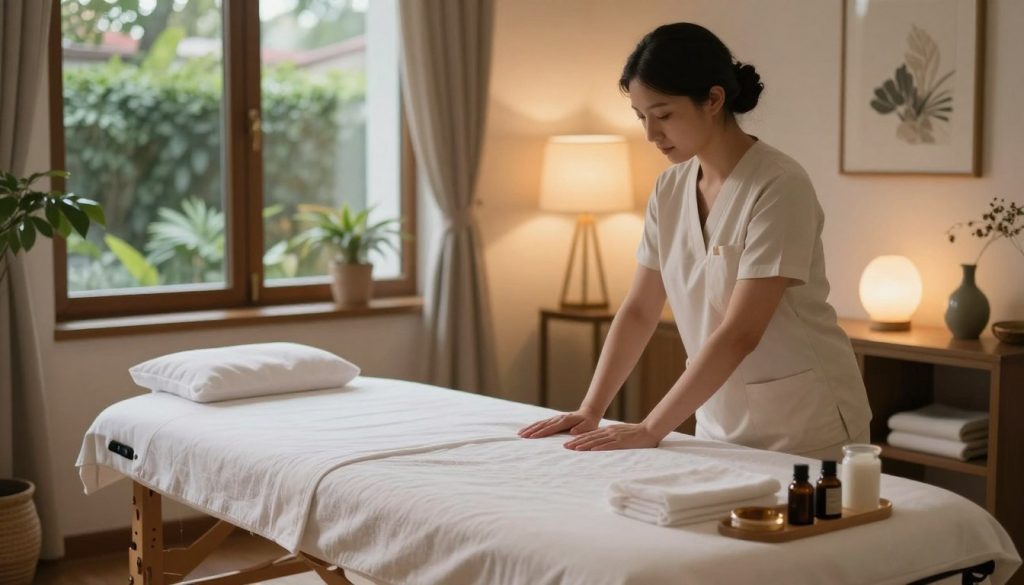 A serene home massage setting, emphasizing the essence of in-home wellness services. In the foreground, a neatly arranged massage table with plush linens and essential oils beside it, creating an inviting space. In the middle, a tranquil room featuring soft lighting from elegant lamps that casts a warm glow, with tasteful decor such as plants and calming artwork. In the background, a window revealing a peaceful garden view, enhancing the atmosphere of relaxation and security. The composition captures a sense of serenity and professionalism, ideal for promoting safe and accessible massage services in Istanbul. The overall mood is peaceful, emphasizing comfort and relaxation without any human presence or distractions. A serene home massage setting, emphasizing the essence of in-home wellness services. In the foreground, a neatly arranged massage table with plush linens and essential oils beside it, creating an inviting space. In the middle, a tranquil room featuring soft lighting from elegant lamps that casts a warm glow, with tasteful decor such as plants and calming artwork. In the background, a window revealing a peaceful garden view, enhancing the atmosphere of relaxation and security. The composition captures a sense of serenity and professionalism, ideal for promoting safe and accessible massage services in Istanbul. The overall mood is peaceful, emphasizing comfort and relaxation without any human presence or distractions.
