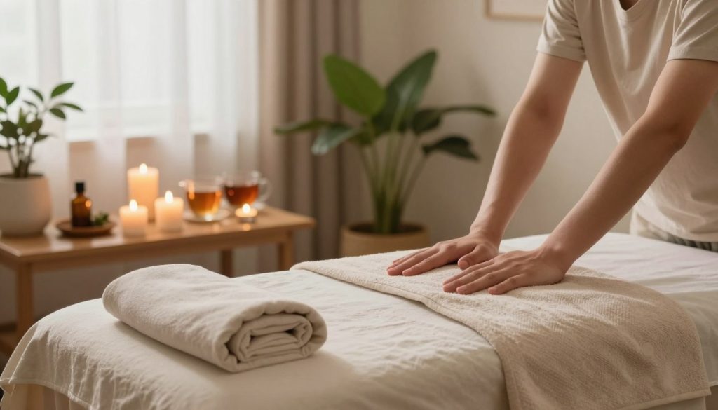 A serene home massage setting showcasing the numerous advantages of in-home massage. In the foreground, a neatly arranged massage table with soft, inviting linens and essential oils, creating a sense of comfort and relaxation. In the middle ground, decorative candles and calming herbal teas, enhancing the soothing atmosphere. The background features a softly lit room with gentle, natural light filtering through sheer curtains, illuminating green plants that add a touch of tranquility. The entire scene exudes warmth and peace, suggesting an inviting space for self-care and wellness. The colors are warm, with soft earth tones dominating the palette to evoke calmness and comfort. Overall, the mood is peaceful and rejuvenating, reflecting the benefits and ease of at-home massage practices.