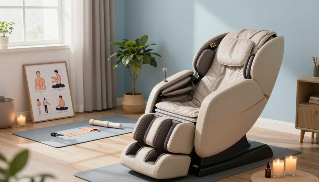 A serene home setting depicting a cozy corner designed for self-massage. In the foreground, an adjustable massage chair with a plush cushion, surrounded by calming aromatherapy candles and essential oils. Soft, diffused natural light filters through a window, casting gentle shadows. In the middle ground, a neatly organized space featuring a yoga mat with instructional visuals of simple massage techniques like acupressure points and stretching exercises. A small potted plant adds a touch of greenery, enhancing the tranquil atmosphere. In the background, a soft, muted color palette of light blues and earthy tones creates a peaceful environment, inviting relaxation. No human figures present, ensuring a focus on the techniques and ambiance of self-care at home.