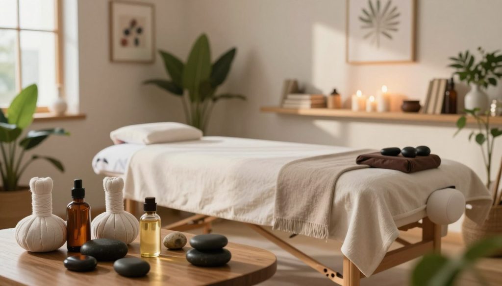 A serene indoor environment showcasing various types of massage techniques. In the foreground, a collection of massage oils, stones, and tools typical for different massage styles, like Swedish, deep tissue, and aromatherapy. The middle ground features a beautifully arranged massage table with soft, neutral linens, surrounded by lush indoor plants, creating a calming atmosphere. The background displays softly lit wall art and shelves filled with wellness books and candles to enhance the tranquil setting. Natural light streams through a window, casting gentle shadows and highlighting the peaceful ambiance. The overall mood conveys a sense of relaxation and informed choice, encouraging viewers to consider their personal needs in selecting the right type of massage.