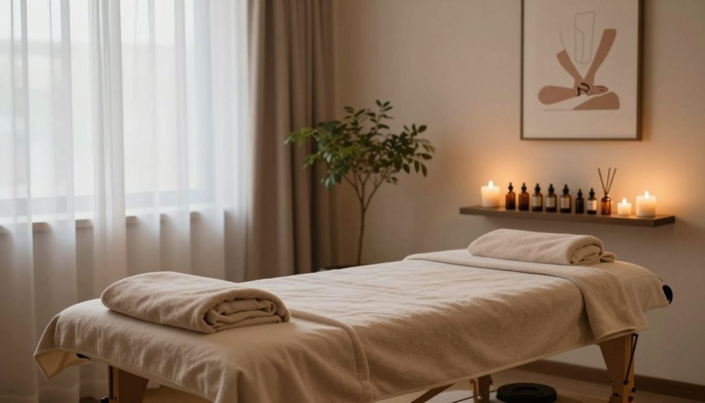 A serene massage therapy room designed for deep tissue therapy, featuring a professional massage table in the foreground. The table is covered with a soft, warm towel, and soothing aromatherapy oils are neatly arranged on a nearby shelf. In the middle ground, ambient lighting casts a gentle glow, enhancing the calm atmosphere. A small indoor plant adds a touch of nature, while a minimalist art piece depicting massage techniques hangs on the wall. The background shows a softly lit window with sheer curtains, allowing natural light to filter in, creating an inviting and tranquil environment. The overall mood is relaxed and harmonious, perfect for a professional massage service.