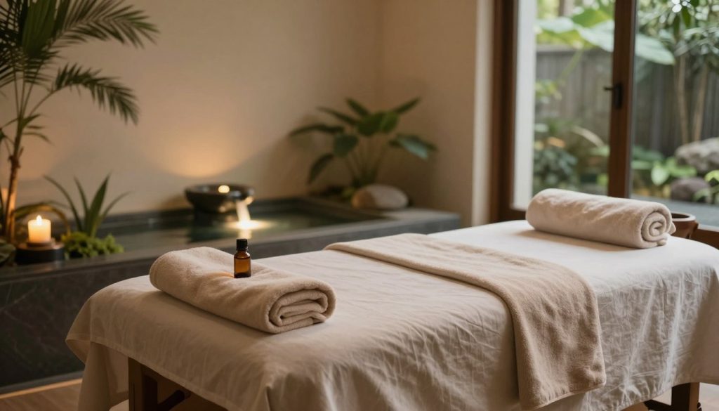 A serene massage therapy setting showcasing a cozy and tranquil environment. In the foreground, a plush massage table draped with soft, neutral linens. On the table, neatly arranged towels and soothing essential oils create an inviting feel. In the middle, a calming water feature gurgles softly, surrounded by lush greenery to evoke relaxation. Gentle, warm diffused lighting casts a serene glow across the room, enhancing the atmosphere of peace and comfort. In the background, large windows allow soft natural light to filter in, revealing a view of a tranquil outdoor garden. The overall mood is one of serenity and self-care, perfect for illustrating post-massage relaxation and rejuvenation. A serene massage therapy setting showcasing a cozy and tranquil environment. In the foreground, a plush massage table draped with soft, neutral linens. On the table, neatly arranged towels and soothing essential oils create an inviting feel. In the middle, a calming water feature gurgles softly, surrounded by lush greenery to evoke relaxation. Gentle, warm diffused lighting casts a serene glow across the room, enhancing the atmosphere of peace and comfort. In the background, large windows allow soft natural light to filter in, revealing a view of a tranquil outdoor garden. The overall mood is one of serenity and self-care, perfect for illustrating post-massage relaxation and rejuvenation.