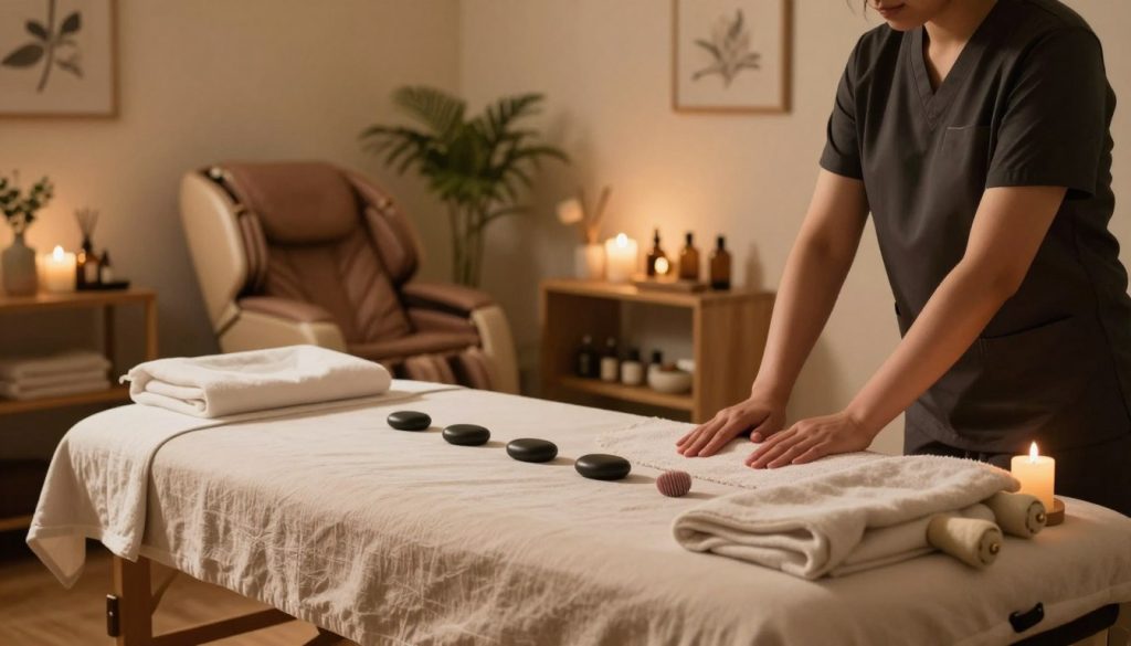 A serene massage therapy setting, showcasing various massage techniques. In the foreground, a well-organized massage table with soft, neutral linens. Surrounding the table are professional massage tools, such as oils, stones, and rollers, neatly arranged on a wooden shelf. In the middle ground, a calming space with warm, ambient lighting casting gentle shadows, highlighting a selection of massage chairs and plants for a soothing atmosphere. The background features softly blurred walls adorned with calming artwork and essential oil diffusers, enhancing the tranquil environment. The overall mood is peaceful and inviting, perfect for illustrating the essence of professional and home massage practices. A serene massage therapy setting, showcasing various massage techniques. In the foreground, a well-organized massage table with soft, neutral linens. Surrounding the table are professional massage tools, such as oils, stones, and rollers, neatly arranged on a wooden shelf. In the middle ground, a calming space with warm, ambient lighting casting gentle shadows, highlighting a selection of massage chairs and plants for a soothing atmosphere. The background features softly blurred walls adorned with calming artwork and essential oil diffusers, enhancing the tranquil environment. The overall mood is peaceful and inviting, perfect for illustrating the essence of professional and home massage practices.