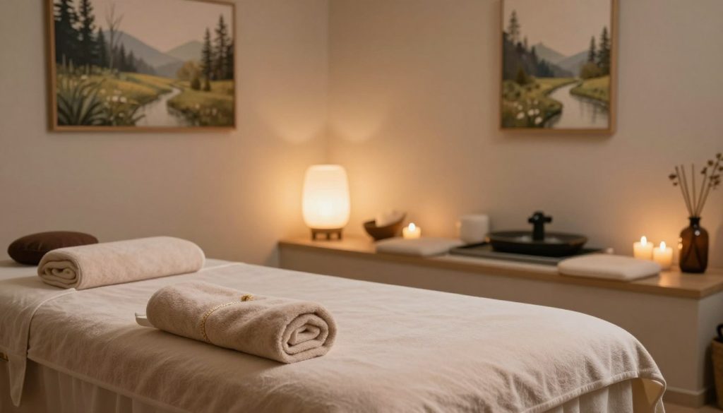 A serene massage therapy setup featuring a tranquil massage room. In the foreground, a plush massage table is adorned with soft, fluffy towels and essential oils, creating a calming atmosphere. The middle ground showcases a gently illuminated room with soft, ambient lighting emanating from stylish lamps and candles, enhancing the soothing mood. In the background, calming artwork depicting nature hangs on the walls, and a small indoor water fountain offers a hint of tranquility. The overall color palette is composed of soft earth tones and pastels, promoting relaxation. The scene captures relaxation techniques, such as meditation cushions and aromatherapy diffusers, arranged harmoniously around the space, conveying a sense of peace and preparation for a professional massage experience.