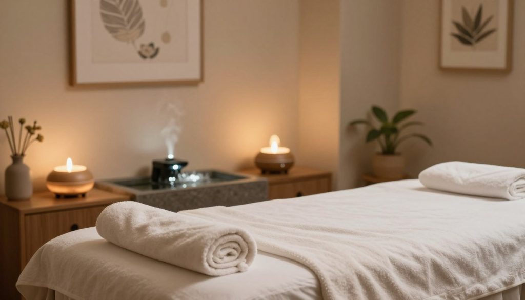 A serene spa environment showcasing a massage setting. In the foreground, a beautifully arranged massage table adorned with clean, fluffy towels and essential oil bottles. The middle ground features calming elements like a soothing diffuser emitting gentle mist and a small indoor water fountain, adding a relaxing sound. In the background, soft, warm lighting emanates from strategically placed lamps, creating an inviting atmosphere. The walls are painted in soft earth tones, with minimalistic decor that promotes tranquility, like potted plants and calming artwork. The overall mood is peaceful and inviting, emphasizing preparation and mindfulness for a quality massage experience. A serene spa environment showcasing a massage setting. In the foreground, a beautifully arranged massage table adorned with clean, fluffy towels and essential oil bottles. The middle ground features calming elements like a soothing diffuser emitting gentle mist and a small indoor water fountain, adding a relaxing sound. In the background, soft, warm lighting emanates from strategically placed lamps, creating an inviting atmosphere. The walls are painted in soft earth tones, with minimalistic decor that promotes tranquility, like potted plants and calming artwork. The overall mood is peaceful and inviting, emphasizing preparation and mindfulness for a quality massage experience.
