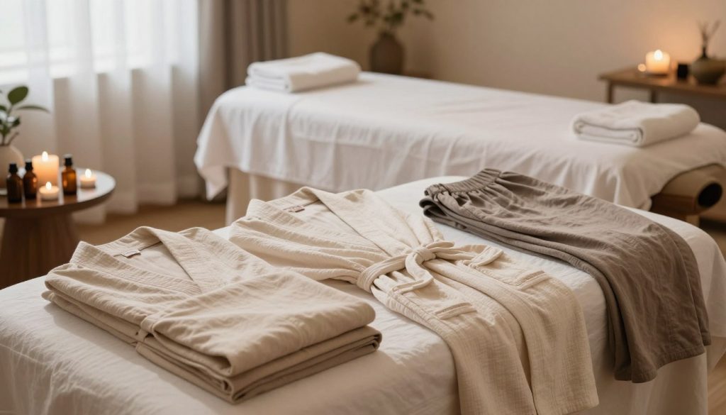 A serene spa environment showcasing a well-arranged space for massage preparation. In the foreground, display an elegant selection of modest, comfortable clothing options like soft cotton robes and loose-fitting pants, neatly folded and color-coordinated. In the middle ground, include a massage table prepared with clean linens, surrounded by soothing elements such as essential oils, candles, and fresh towels. In the background, create a calming atmosphere with soft ambient lighting, gentle shadows, and light flowing in through sheer curtains. The overall mood should be tranquil and inviting, promoting relaxation and readiness for a rejuvenating massage experience. A serene spa environment showcasing a well-arranged space for massage preparation. In the foreground, display an elegant selection of modest, comfortable clothing options like soft cotton robes and loose-fitting pants, neatly folded and color-coordinated. In the middle ground, include a massage table prepared with clean linens, surrounded by soothing elements such as essential oils, candles, and fresh towels. In the background, create a calming atmosphere with soft ambient lighting, gentle shadows, and light flowing in through sheer curtains. The overall mood should be tranquil and inviting, promoting relaxation and readiness for a rejuvenating massage experience.