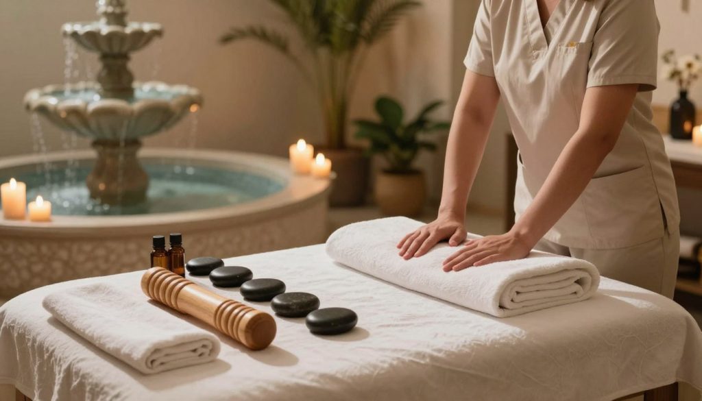 A serene spa setting showcasing various professional massage techniques and applications. In the foreground, a well-organized massage table with luxurious linens and essential oils. A selection of massage tools, such as smooth stones and wooden rollers, are neatly arranged nearby. In the middle ground, a softly lit area with ambient candles and tranquil plants, creating a calming atmosphere. The background features a serene water fountain, enhancing the soothing vibe. The lighting is warm and inviting, with natural soft shadows cast around the space. Aim for a balanced composition that reflects professionalism and relaxation, evoking the essence of quality massage services. No human subjects are present, ensuring focus on the techniques and environment. A serene spa setting showcasing various professional massage techniques and applications. In the foreground, a well-organized massage table with luxurious linens and essential oils. A selection of massage tools, such as smooth stones and wooden rollers, are neatly arranged nearby. In the middle ground, a softly lit area with ambient candles and tranquil plants, creating a calming atmosphere. The background features a serene water fountain, enhancing the soothing vibe. The lighting is warm and inviting, with natural soft shadows cast around the space. Aim for a balanced composition that reflects professionalism and relaxation, evoking the essence of quality massage services. No human subjects are present, ensuring focus on the techniques and environment.