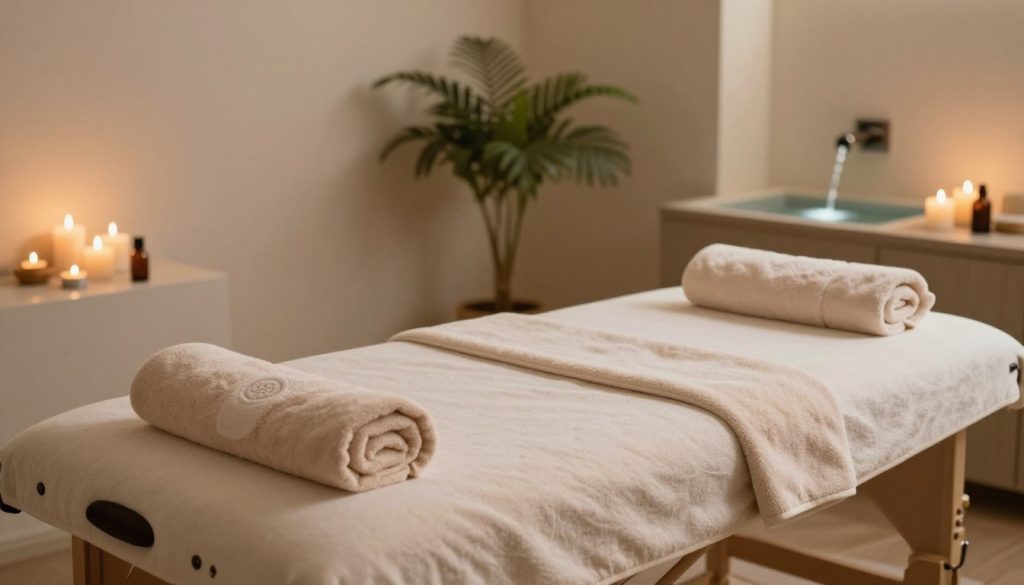 A serene wellness space featuring a comfortable massage table adorned with soft, fluffy towels, with calming essential oils and candles scattered around. In the foreground, a calm, inviting atmosphere is created by gentle ambient light illuminating the room. The middle ground showcases a small plant adding a touch of nature, while a soothing water fountain softly trickles in the background, enhancing tranquility. The color palette is warm, with soft earth tones and pastel accents. The overall mood is peaceful and restorative, evoking a sense of post-massage relaxation and self-care. The image should portray a clean, organized environment that embodies wellness and mindfulness, with no human figures or text included.
