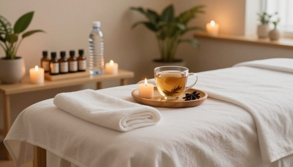A serene and calming spa environment emphasizing post-massage care. In the foreground, a stylish massage table with soft, clean linens, surrounded by aromatic candles gently flickering with warm light. In the middle ground, a display of essential oils, a water bottle, and a calming herbal tea on a wooden tray, suggesting hydration and relaxation. The background showcases soothing colors with potted plants and soft lighting that creates a tranquil atmosphere. The overall mood is one of peace and rejuvenation, highlighting the importance of self-care after a massage. The image should evoke feelings of comfort and relaxation, inviting viewers to engage in thoughtful post-massage practices.