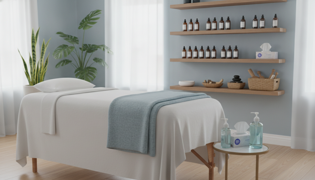 A serene and professional massage therapy room, emphasizing hygiene and cleanliness. In the foreground, a neatly arranged massage table covered with fresh linens, surrounded by sanitizing equipment like hand gel and wipes. The middle ground features shelves stocked with essential oils and massage tools, all organized and well-kept. A calming color palette of soft blues and whites enhances the peaceful atmosphere, while bright, natural light streams in through large windows, reflecting off polished surfaces. The background shows a minimalistic decor with potted plants, creating a tranquil environment. The overall mood conveys professionalism and the importance of hygiene standards in the workplace, inviting potential clients to feel safe and relaxed.