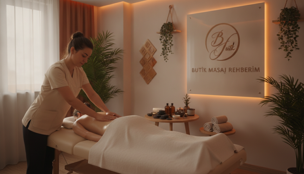 A serene and tranquil massage therapy setting in Ataşehir, showcasing popular massage techniques. In the foreground, a professional masseuse in modest, professional attire effortlessly demonstrates a traditional massage technique on a client lying on a massage table, covered with a light, soft towel. In the middle ground, various massage tools like oils and stones are strategically placed, creating an inviting atmosphere. The background features calm, softly lit spa decor with ornamental plants and soothing, warm colors, evoking relaxation and wellness. Natural light filters through a window, casting gentle shadows on the room. The overall mood reflects peace and healing, ideal for showcasing "Butik Masaj Rehberim".