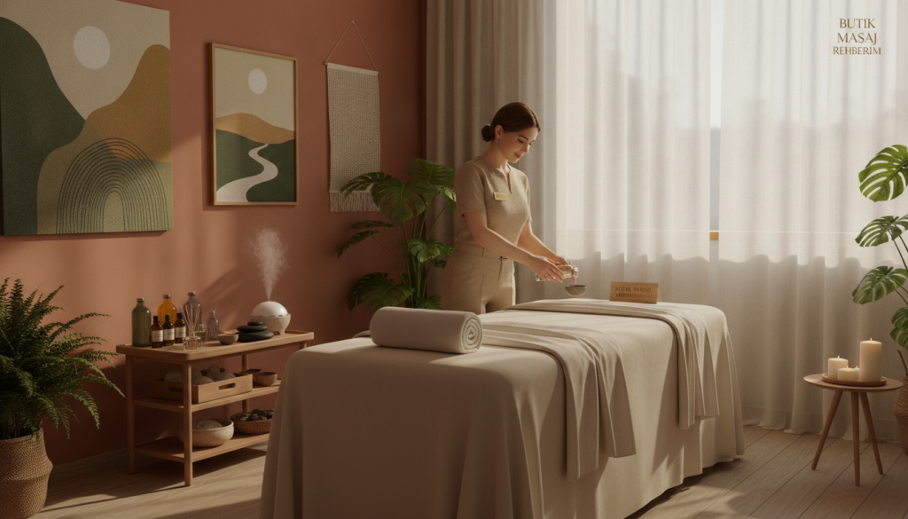 A serene home massage setup portraying a professional atmosphere. In the foreground, a neatly arranged massage table draped with soft, clean linens. A well-groomed therapist, dressed in professional attire, prepares oils and lotions on a side table, showcasing a welcoming demeanor. In the middle ground, a softly lit, calming space adorned with nature-themed decor, including plants and soothing artwork that evoke tranquility. The background features a subtle window allowing natural light to stream in, casting gentle shadows across the room, enhancing the peaceful vibe. The color palette should consist of warm, earthy tones to promote relaxation. The brand name "Butik Masaj Rehberim" subtly integrated into the setting, emphasizing the professionalism and inviting essence of the massage service.
