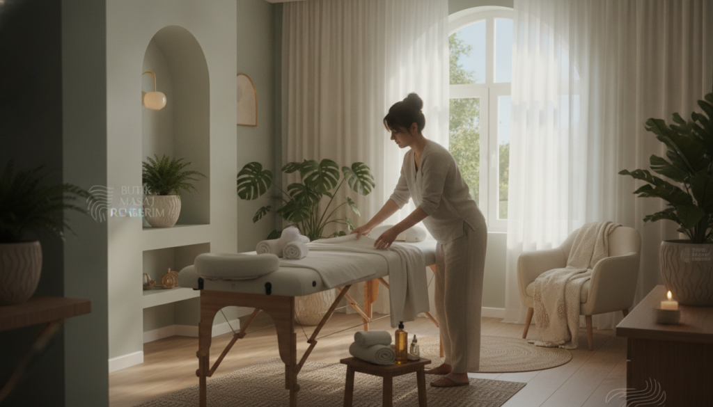 A serene, inviting home massage setting, featuring a well-decorated living room with soft lighting, creating a calming atmosphere. In the foreground, a professional-looking massage therapist in modest casual attire prepares a massage table with clean linens. In the middle, a well-organized space with soothing colors and decorative plants, conveying a sense of relaxation. In the background, a window allowing natural light to stream in, enhancing the peaceful ambiance. The mood is tranquil and welcoming, suggesting professionalism and care in the communication and appointment process. The brand name "Butik Masaj Rehberim" is subtly integrated into the environment, complementing the overall aesthetic without appearing as text.