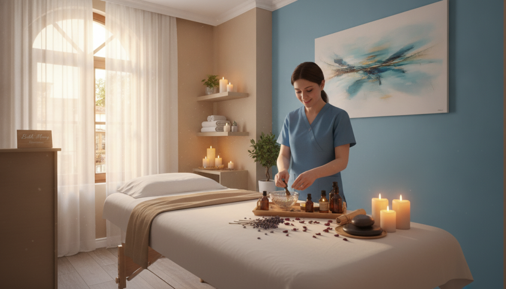 A serene, inviting massage therapy room in Arnavutköy with soft, ambient lighting. In the foreground, a massage table draped with fresh, clean linens, exuding professionalism and relaxation. A skilled massage therapist in modest, professional attire stands beside the table, ready to provide quality massage services. The therapist is depicted preparing oils and essential items, adding a personal touch to the therapy experience. In the middle ground, hints of various massage tools and candles create a tranquil atmosphere, while calming colors like soft blue and beige accentuate the peaceful vibe. The background features soothing wall art and a window with gentle sunlight filtering through, enhancing the calming mood of the space. The image exemplifies the essence of quality massage services, representing "Butik Masaj Rehberim."