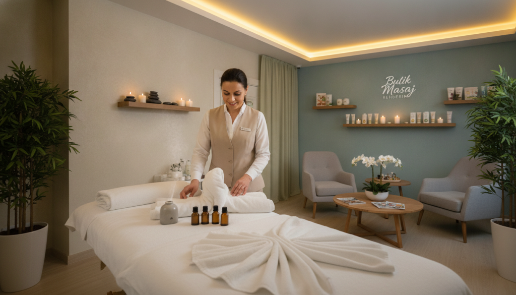 A serene spa environment depicting the "Butik Masaj Rehberim" wellness center. In the foreground, a professional massage therapist, dressed in modest business attire, prepares a treatment table adorned with soft, fluffy towels and calming aromatherapy oils. In the middle, the treatment area features tranquil decor with soothing colors, natural plants, and ambient lighting that gently illuminates the space. The background showcases a peaceful waiting area with cozy seating and artfully arranged wellness products, creating a relaxing atmosphere. The lighting is warm and inviting, highlighting the sense of tranquility and relaxation. The overall mood is serene and rejuvenating, encapsulating the essence of a popular massage salon and its services.