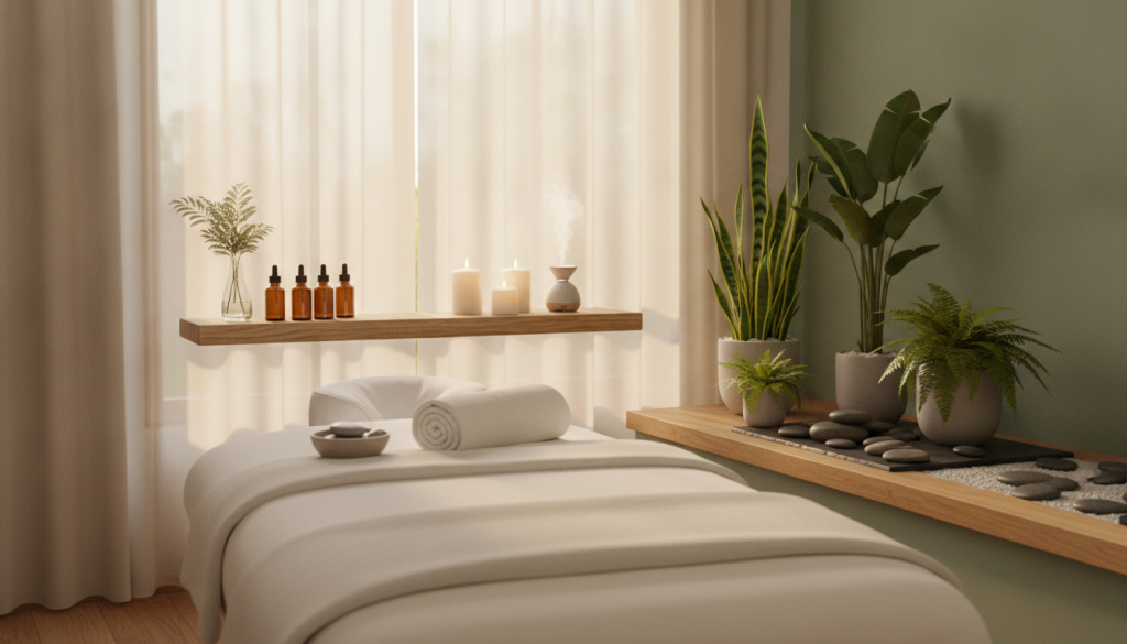 A serene spa environment featuring a well-organized massage therapy room. In the foreground, a neatly arranged massage table covered with soft, white linen. Soft, natural lighting spills through a large window adorned with translucent curtains, creating a warm, inviting atmosphere. In the middle, essential oils and soothing candles are tastefully displayed on a wooden shelf, symbolizing tranquility and relaxation. The background features calming green plants and decorative stones, enhancing the theme of well-being. The overall mood is one of safety and professionalism, conveying trust and comfort. The composition should evoke a sense of peace and focus, ideal for a guide on important tips for choosing a massage therapist, emphasizing security and communication.