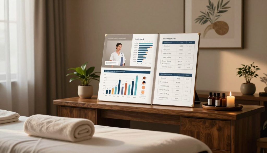 A serene spa setting featuring a peaceful therapy room, with a massage table in the foreground adorned with soft towels and essential oils. In the middle, display various charts and graphs depicting salary ranges and job opportunities for masseurs, integrated into an elegant presentation on a wooden desk. The background showcases calming elements such as potted plants, soothing artwork, and dim lighting that creates a tranquil atmosphere. Highlight warm, natural light filtering through sheer curtains, enhancing the feeling of relaxation and professionalism. Ensure the overall mood conveys a sense of wellness, opportunity, and stability in the profession, with a focus on the work environment and career prospects for massage therapists.