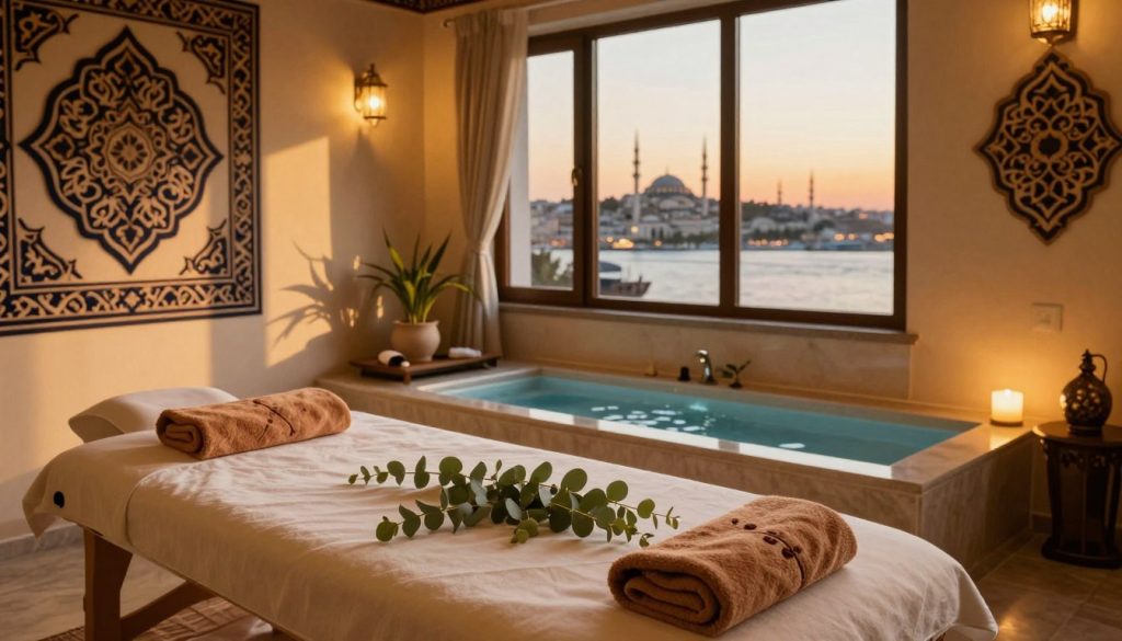 A serene spa setting in Istanbul, featuring traditional Turkish massage elements. In the foreground, a beautifully arranged massage table with fresh eucalyptus and warm towels. In the middle ground, a tranquil massage room decorated with intricate Ottoman patterns on the walls, warm ambient lighting creating a relaxing atmosphere. A glimpse of a soothing water feature provides a calming sound, with soft shadows playing across the room. The background shows large windows with a view of the iconic Istanbul skyline, including the Bosphorus and historic mosques, bathed in the soft glow of sunset. The overall mood is peaceful and inviting, embodying relaxation and cultural richness.