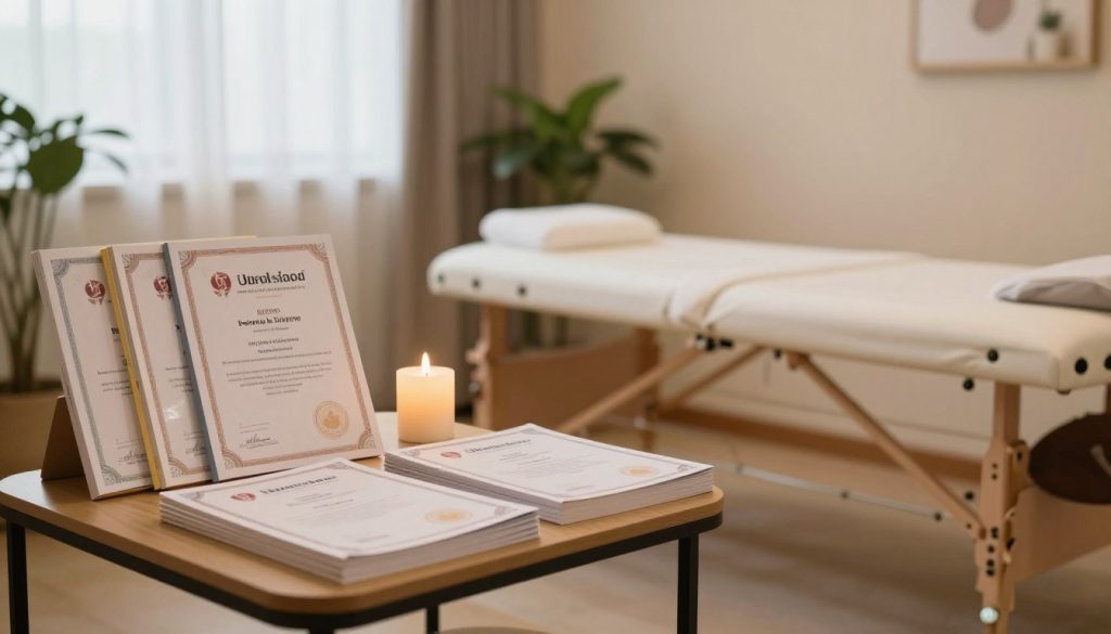 A tranquil and inviting interior of a massage therapy room, featuring a professional massage table, soft ambient lighting, and calming decor. In the foreground, neatly arranged educational materials such as books and certificates are placed on a small table, showcasing essential training for a massage therapist. In the middle, plants and candles add a serene touch, while the background reveals smooth, soothing colors on the walls and natural light filtering through a window, enhancing the peaceful atmosphere. The overall mood is one of professionalism and tranquility, emphasizing the importance of education and qualifications in this field. No human subjects are present, ensuring a focus on the environment and educational aspects.