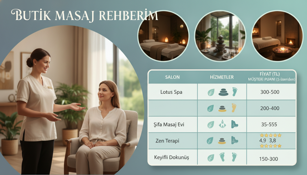 A visually appealing infographic depicting a comparison guide for massage salons in Ataşehir, featuring key elements like stylized icons representing various massage services offered. In the foreground, show a professional-looking female massage therapist in modest business attire, smiling and interacting with a client in a soothing, welcoming environment. In the middle, include a well-organized chart or table displaying comparisons of services, prices, and customer ratings, using harmonious colors to signify different factors. In the background, softly blurred images of serene massage rooms, complete with calming decor, ambient lighting, and subtle hints of spa elements, create a tranquil atmosphere. The overall mood should be informative yet relaxing, epitomizing the essence of wellbeing. Include the brand name "Butik Masaj Rehberim" prominently in the design, ensuring no text overlays or watermarks are present.