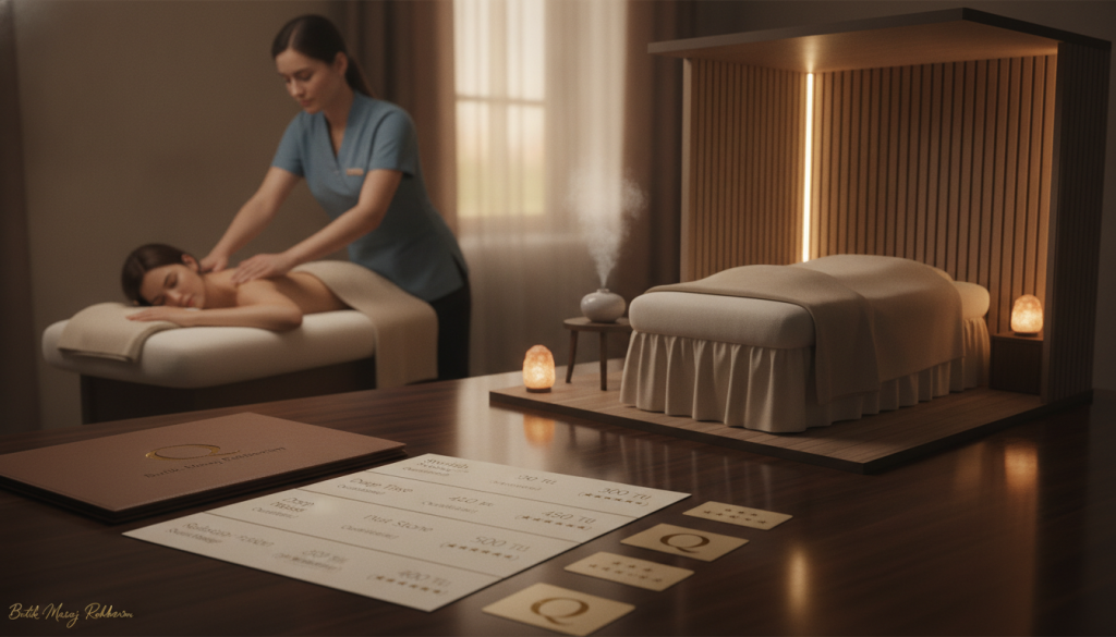 A visually engaging composition illustrating a price-quality comparison in massage services in Avcılar, featuring two distinct areas: the foreground shows a well-organized table with price lists for different types of massages, elegantly laid out alongside quality ratings. The middle ground includes stylized representations of a relaxing massage parlor, with ambient lighting that highlights a serene atmosphere, softly lit with warm yellows and gentle whites. In the background, a blurred image of a professional massage therapist in modest casual clothing interacts with a client, reflecting a harmonious balance between affordability and high-quality service. The overall mood conveys trust and professionalism, with an elegant touch. Include the brand name "Butik Masaj Rehberim" in a subtle, sophisticated manner without any text overlays.