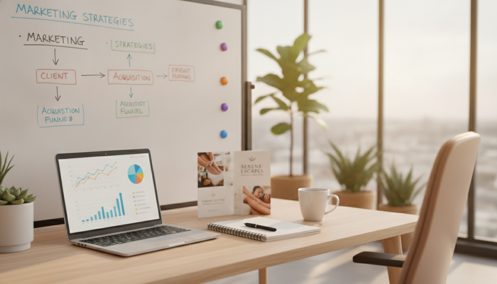 An organized workspace showcasing elements of marketing and financial planning for a massage salon, set in a modern office environment. In the foreground, a laptop displays graphs and financial charts, accompanied by a notebook filled with notes and a cup of coffee. The middle ground features a whiteboard with marketing strategies outlined in colorful markers, alongside a mock-up brochure for the salon. In the background, soft, natural light streams through large windows, highlighting potted plants and a calming, minimalist decor. The atmosphere reflects professionalism and opportunity, with warm colors to instill a sense of creativity and strategic thinking. The focus is on clarity and organization, creating an inspiring scene for entrepreneurial ambitions.